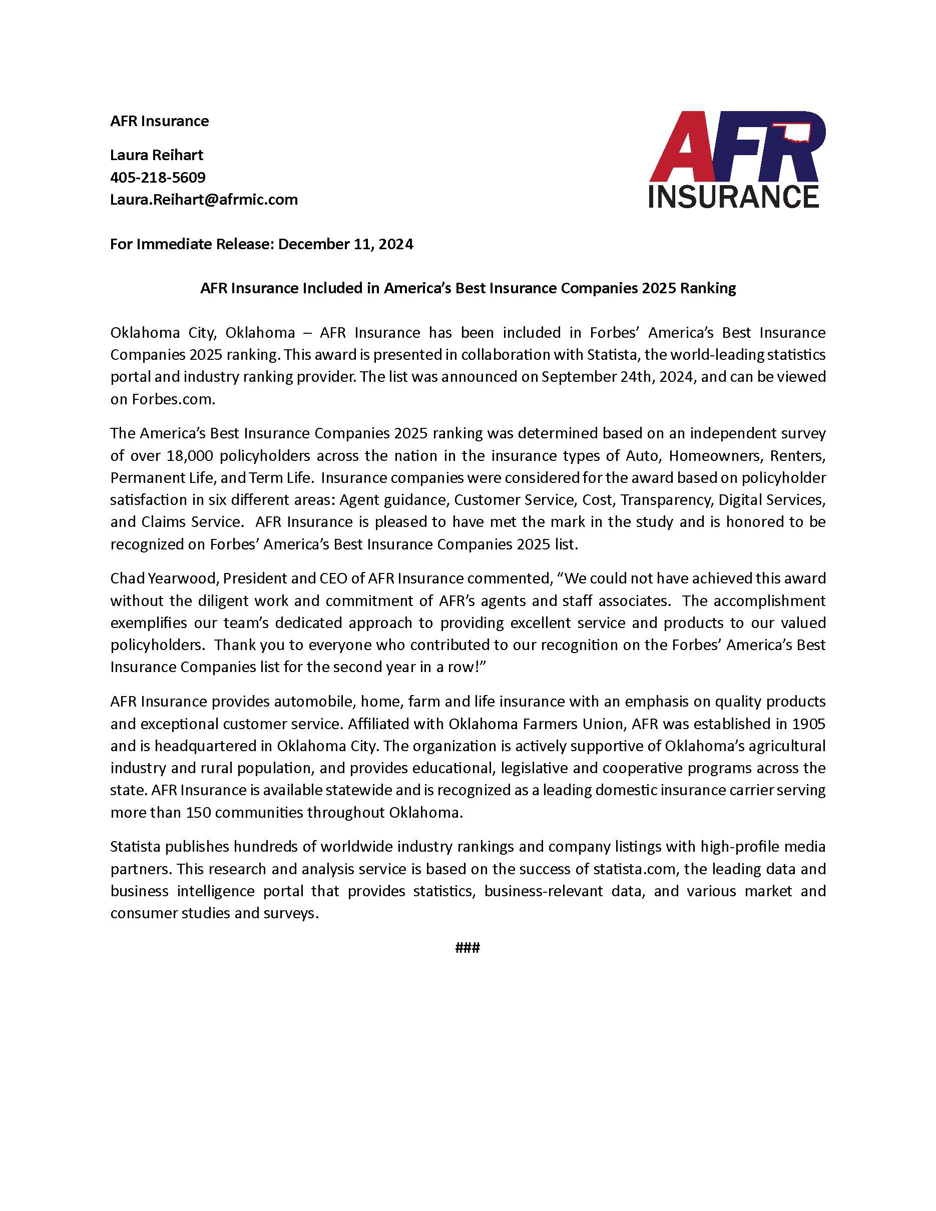 AFR Insurance Named on the 2025 Forbes America's Best Insurance ...