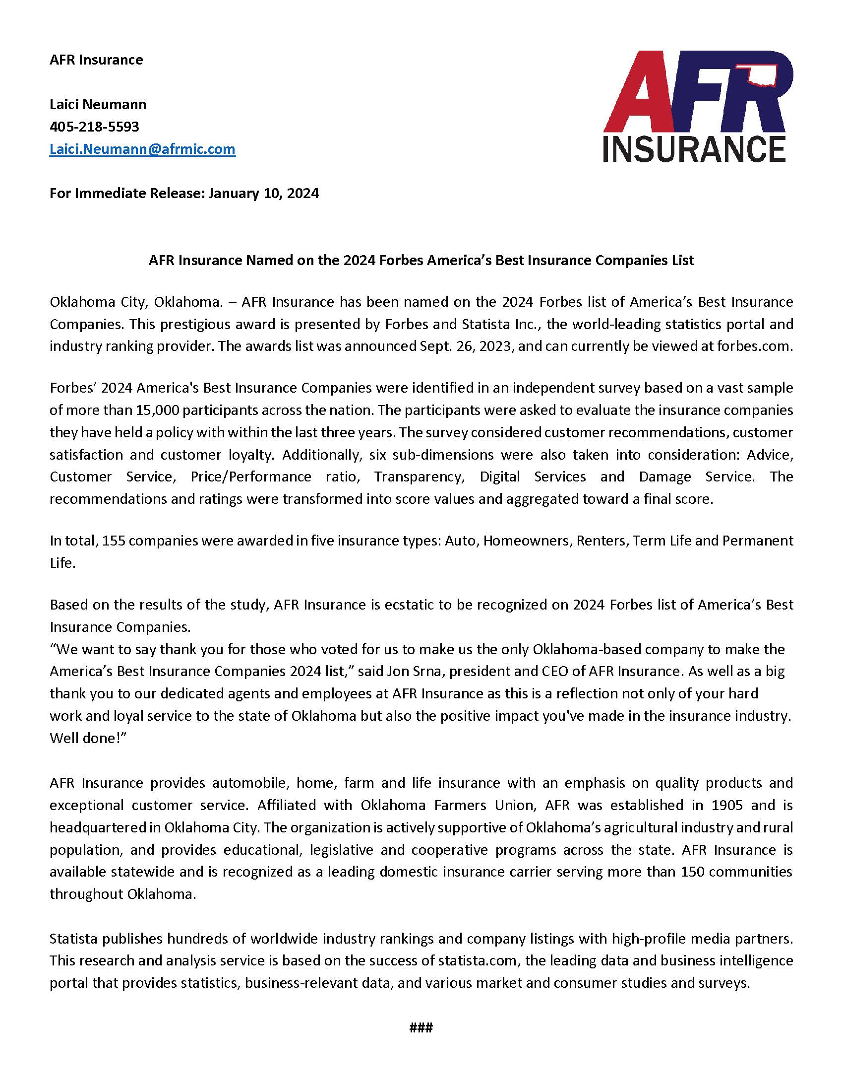 AFR Insurance Press Release for Forbes Americas Best Insurance Companies 2024 Final